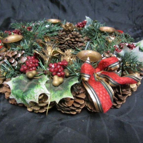 RETRO 70'S PINECONE WREATH CANDLE CENTERPIECE HOLDS 4 TAPERED CANDLES IN HOLDERS - Picture 2 of 6